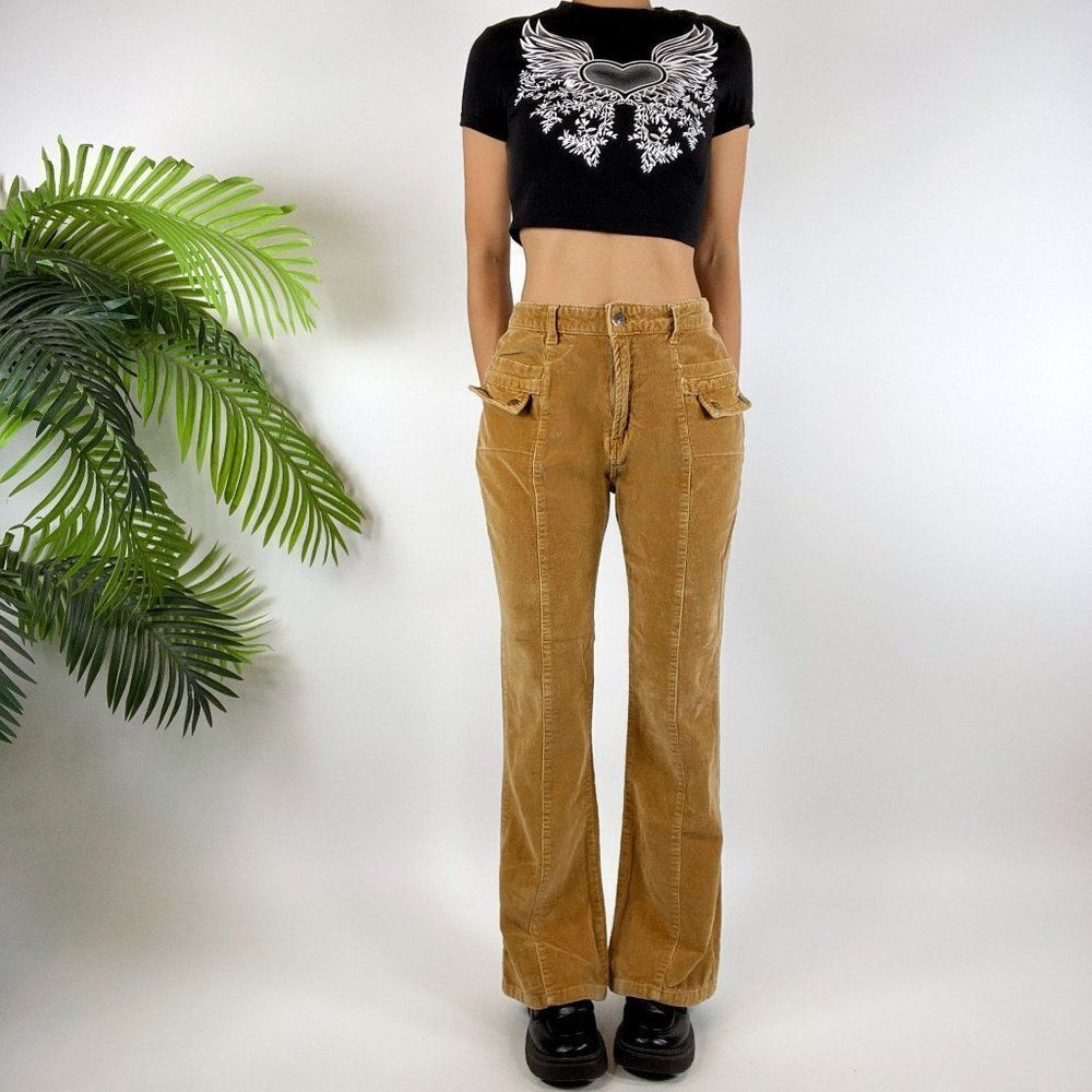 Vintage Y2K Fairy Grunge Mid Waisted Granola Girl Corduroy Cargo Jeans / 32